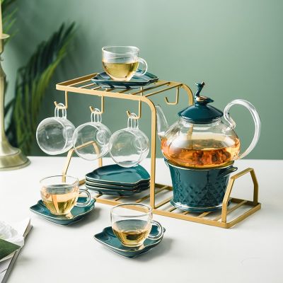 Hot Premium Green Golden Glass Swan Teapot With Strainer And Holder，Services Teaware Set Cup And Saucer Water Flower Kettle