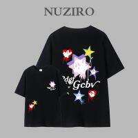 NUZIRO เสื้อยืดแขนสั้นทรงหลวมพิมพ์ลายดาวสองด้านทำจากผ้าฝ้ายเกาหลี