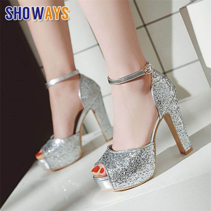 Women Platform Sandals Silver Gold Wedding Party Office Shoes High Chunky  Heel Peep Toe Sequined Toe Red Black Ankle Strap Shoes | Lazada