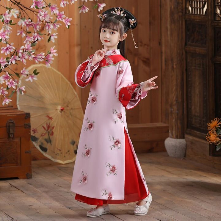 สต๊อกพร้อม-เจ้าหญิงจีนดำเนินการเครื่องแต่งกายน่ารักสาวราชวงศ์ชิงเจ้าหญิงเสื้อผ้าเด็กจีนโบราณเต้นรำสวมคอสเพลย์