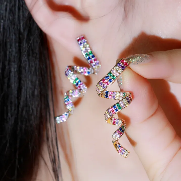 sequito-ขายร้อนชุบทองฝังเต็มรูปแบบสีสัน-cubic-zircon-ยาวเกลียวต่างหูผู้หญิงอินเทรนด์-rainbow-party-เครื่องประดับสำหรับไนท์คลับ-se632