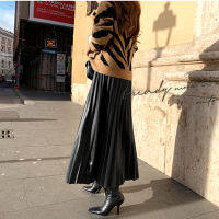 REALEFT Autumn Winter Black PU-leather Pleated Skirt New 2020 Women High Waist Fashionable All-match A-Line mi-long Skirt Female