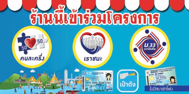 A15 ป้ายไวนิล ป้ายโครงการ "เราชนะ" ม.33 บัตรสวัสดิการแห่งรัฐ คนละครึ่ง ขนาด 80*40 ซม. หน้าเดียว พับขอบตอกตาไก่  ภาพคมชัด ทนแดด ทนฝน