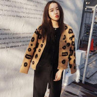 Spot parcel post Korean American 2023 Fall Womens Clothing Korean Style Fashion nd All-Matching v Collar Net Red Leopard Print Knitted Cardigan Sweater Coat