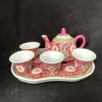 ชุดชา ชุดน้ำชา ลายนูนเขียนด้วยมือ งานกังไสแท้ งานเก่าโบราณสินค้าจำนวนจำกัดหมดแล้วหมดเลย พร้อมถาดจานรอง 粉彩茶具