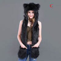 Faux Fur Animal Hat Scarf Gloves Winter Mittens 3 In 1 Function Hoodie with Paws Ears Wolf Plush Warm Earmuff Animal Scarf