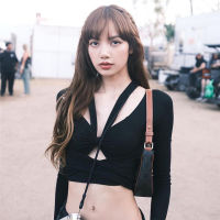 Blackpink Lisa เสื้อยืดคอวี แขนยาว แบบเข้ารูป ทรงสลิมเซ็กซี่ แฟชั่นลิซ่าoff stageโคเชลล่า