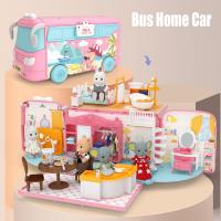 ✷▽♟ 1/12 Scale Mitcien Bus Dollhouse Playset DIY Caravan Camper Car Toy Bunny Doll Animal Cottage Set Miniature Furniture Girl Gifts