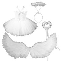 ✔▣ Toddler Baby Girls Angel Costume Set White Sleeveless Tutu Dress Faux Feather Wings Halo Headband Fairy Wand Role Play