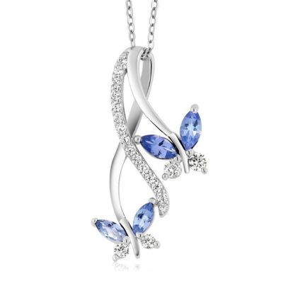 JDY6H Elegant Simple Blue Crystal Zircon Butterfly Necklace 6 Color Gem Stone Pendant Necklace For Women Valentine Day Gift
