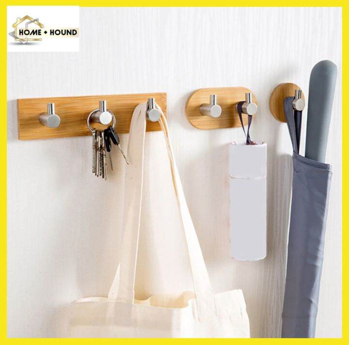 Home+Hound BAMBOO STAINLESS STEEL HOOKS SELF ADHESIVE HOOKS WOODEN WALL