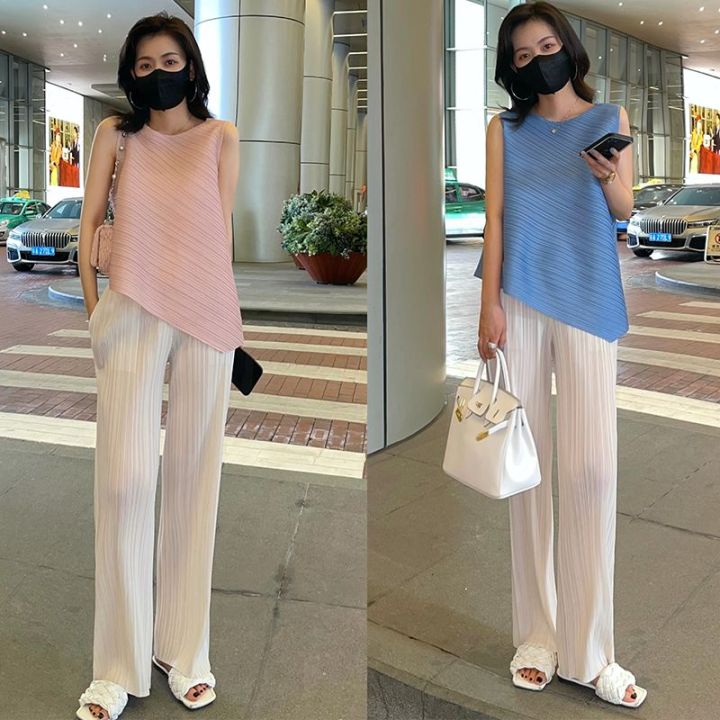 Summer Pleated Silk Wide Leg Pants Loose Casual Trousers High