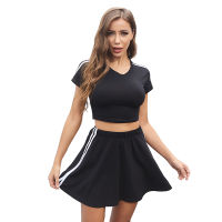 Women’s Crop Top Skinny Sportswear Short Sleeve T shirt Sexy Full Skirt Sport GolfTennis Apparel Suits Uniforme 2 Piece Outfits