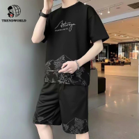 คอกลมเสื้อยืดฮาราจูกุสำหรับผู้ชายทรงหลวมพิมพ์ลายภูเขาลำลองเอวเสื้อสก็อตแขนสั้นชุดวิ่งกางเกงขาสั้น