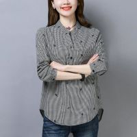 □┇☏ Spring and Summer Women 39;s Plaid Shirt Long sleeved Korean Version Loose Standing Collar Single Breasted Fashion Casual Commute