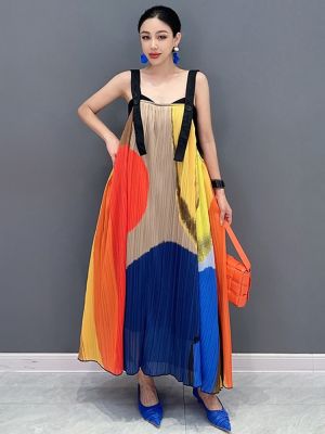 XITAO Dress Contrast Color Casual Folds Women Loose Straps Dress