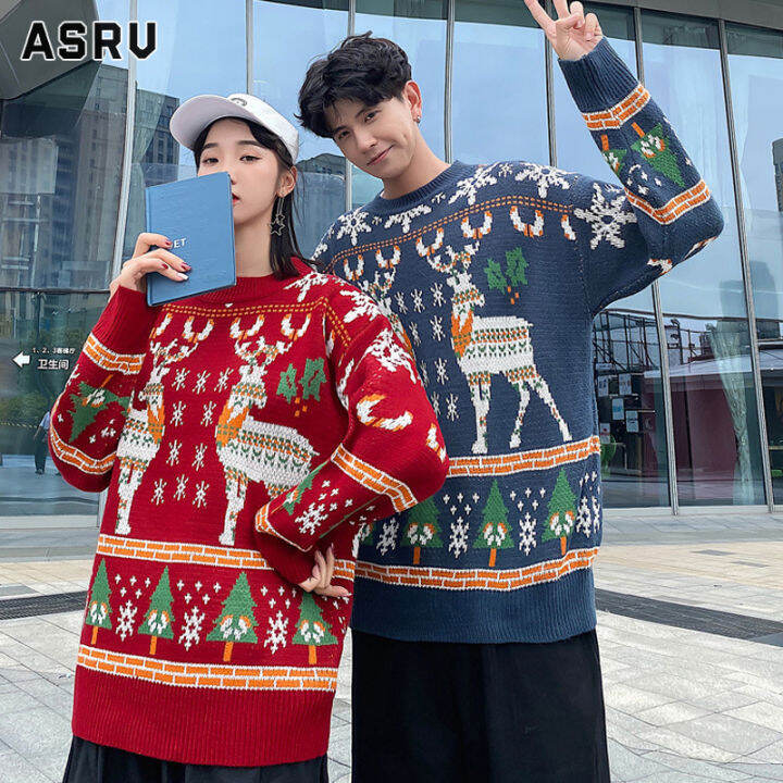 asrv-เสื้อกันหนาว-ผช-เสื้อกันหนาว-ผู้ชาย-สเวตเตอร์ชาย-sweaters-for-men-สเวตเตอร์คู่รักขี้เกียจพิมพ์ลายกวางเอลก์สำหรับฤดูหนาวสเวตเตอร์คริสต์มาสสเวตเตอร์ย้อนยุครอบคอหลวมแฟชั่น