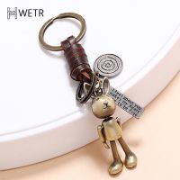 Engraving Alloy Hand-woven Movable Rabbit Cartoon Robot Leather Keychain Creative Simple Gift Car Pendant Keyring Accessory