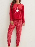 geegostudio Snowflake Print Pajama Set, Long Sleeve Crew Neck Top &amp; Elastic Waistband Pants, Womens Sleepwear &amp; Loungewear