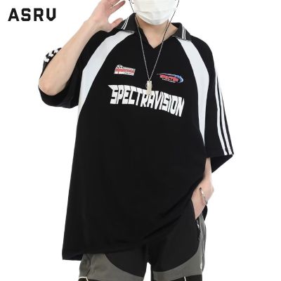 ASRV เสื้อยืดผู้ชาย เสื้อผ้าผู้ชาย t shirt for men เสื้อยืดแขนสั้นพิมพ์ลายโปโลชายหลวมด้านหลังเสื้อยืดคอปก