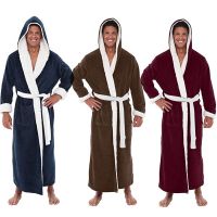 Mens Winter Plush Robes Lengthened Shawl Bathrobe Home Clothes Hooded Long Sleeved Splicing Robe Coat Lounge Home Clothes