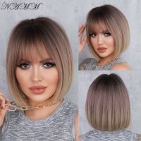 NAMM Women Synthetic Wigs Brown Pink Gradient Blonde Color Short Straight Bob Wigs Cosplay Fake Hair Natural Heat Resistant Wig Wig  Hair Extensions P