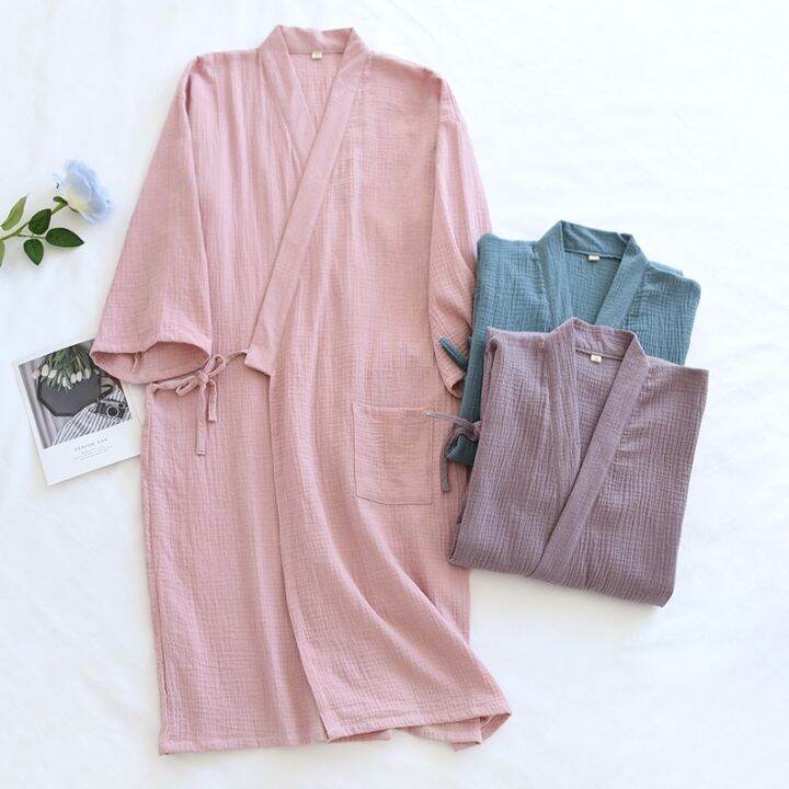 xiaoli-clothing-ญี่ปุ่น-nightdress-solid-nightgown-ผู้หญิง39-ฤดูใบไม้ผลิฤดูใบไม้ร่วงผ้าฝ้าย-crepe-soft-breathable-kimono-บาง-home-robe-เสื้อคลุมอาบน้ำชุดนอน