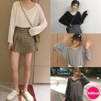 ?Korean Fashion?เสื้อยืดคอวีแขนยาว ทรงโอเวอร์ไซส์ สีพื้น 4 สี แฟชั่น