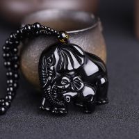 Natural Obsidian Mother Child Elephants Pendant Necklace Man Exquisito Jewellery Fashion Accessories Hand-Carved Luck Amulet