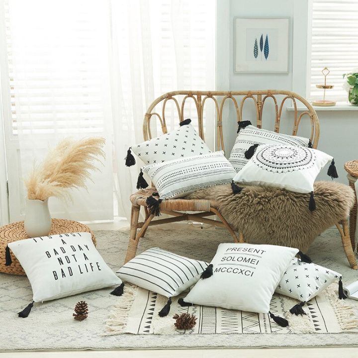 Home Decor Canvas Cotton Tassel Pillow Cover Cushion for Sofa ...