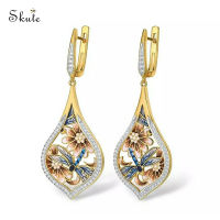 ❤Skute Cloisonne ดอกไม้ทาสีเต็ม zircons ต่างหูน่ารักแมลงปอวินเทจจีนเคลือบต่างหูสำหรับผู้หญิง