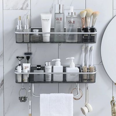 Wall-Mounted Triangle Storage Rack Bathroom Shelf With Towel Bar Hooks Organizer For Bath Household Items Bathroom Accessories
