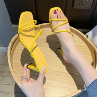 Yellow Green Summer Women Square Toe Sandals Ladies Snake Print Strappy Mules 6CM High Heels Slippers Female Fashion Woman Shoes