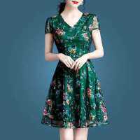 S-4xl Floral Summer Dress Elegant Sexy Female New Fashion Net Gauze Hollow Out Embroidery Vintage Slim Cocktail Dresses 9460