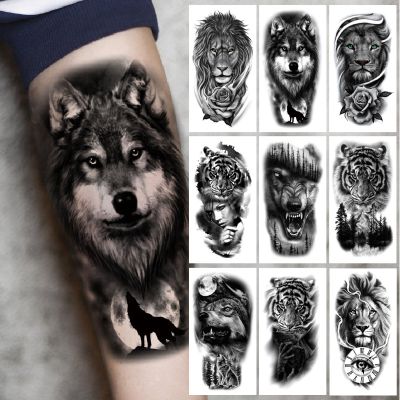 【YF】 Upper Arm Sleeve Tattoo Crown Lion Tiger Wolf Head Waterproof Temporary Stickers Body Art Fake For Women Men
