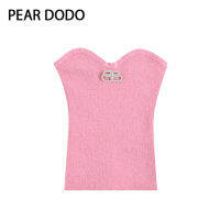 PEAR DODO ชุดเดเสื้อกล้ามสั้นแบบถักไม่มีสายสำหรับผู้หญิงสีทึบลำลองสไตล์เกาหลี