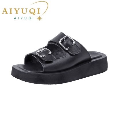 【CC】ↂ  2023 Slippers Leather Slides Fashion button Flat Sandals Ladies Outdoor Flip Flops