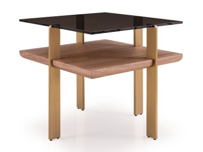 modernform โต๊ะข้าง รุ่นDEVIN ขนาดS62.5*62.5*H55 ขาสแตนเลสสีทอง ชั้นไม้วอลนัท/ท็อปกระจกTP