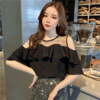 DD 2021 ฤดูร้อนใหม่ผู้หญิงแขนสั้นด้านบนหลวม ruffled off-shoulder ตาข่าย gauze หนึ่งไหล่เย็บ hollow เสื้อชีฟองNZ-97