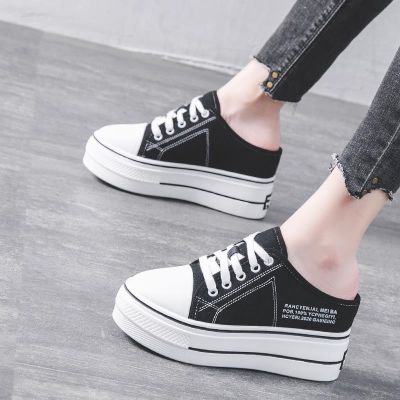 ✕❡ 2023 Inner Increase Height Slimmer Look 8cm Versatile Influencer Breathable Canvas Half Slippers Women Fashion Outer We