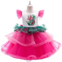 EX88™✆ 2022 ฤดูร้อนใหม่สุทธิสีแดง Flamingo สาวน่ารักแขนกุดตาข่าย Ball Catwalk Dress กระโปรง Tutu เจ้าหญิง