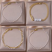 White Opal Stone Anklets For Women Stainless Steel Gold Color Cuban Chain Imitation Pearl Anklet Summer Beach Jewelry Bijoux