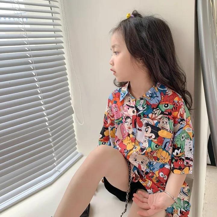เสื้อเชิ้ตผ้าฝ้ายทันสมัยของเด็กผู้หญิง-เสื้อแขนสั้นพิมพ์ลายการ์ตูนสไตล์เกาหลีใหม่สำหรับฤดูร้อน