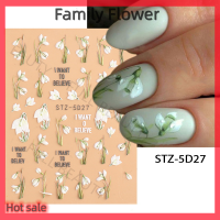 Family Flower Flash Sale Snowdrop NAIL Sticker ฤดูใบไม้ผลิดอกไม้ Campanula 5D embossed Slider สีขาว Flora