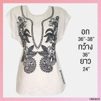 USED - Glossy Cream Floral Top | เสื้อแขนสั้นสีครีม สีดำ ลายดอก ลายกราฟฟิก ผ้าเงา ทรงใหญ่ ทำงาน มือสอง