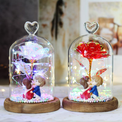 Beauty And The Beast Gold Foil Galaxy Rose Flower LED Light Artificial Flowers In Glass Dome Wedding Valentine Gift For Girls