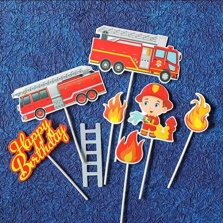 Ins Style Traffic Fire Fighting Truck Fleet Theme Paper Card Cake