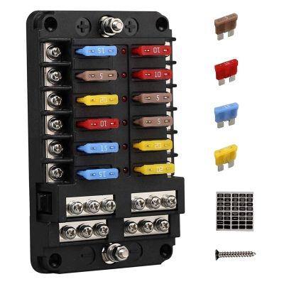 12V 12 Way Marine Fuse Block Fuse Panel with Ground &amp; 12 Volt Fuse Box for Car Automotive Boat RV RZR