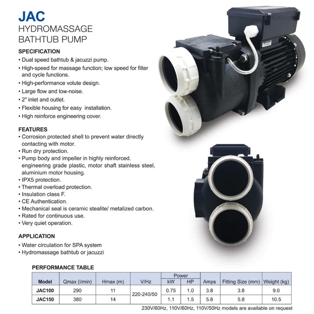 TSUNAMI JAC150 JACUZZI Pump Jacuzzi Hydromassage Bathtub Pump 2"inlet