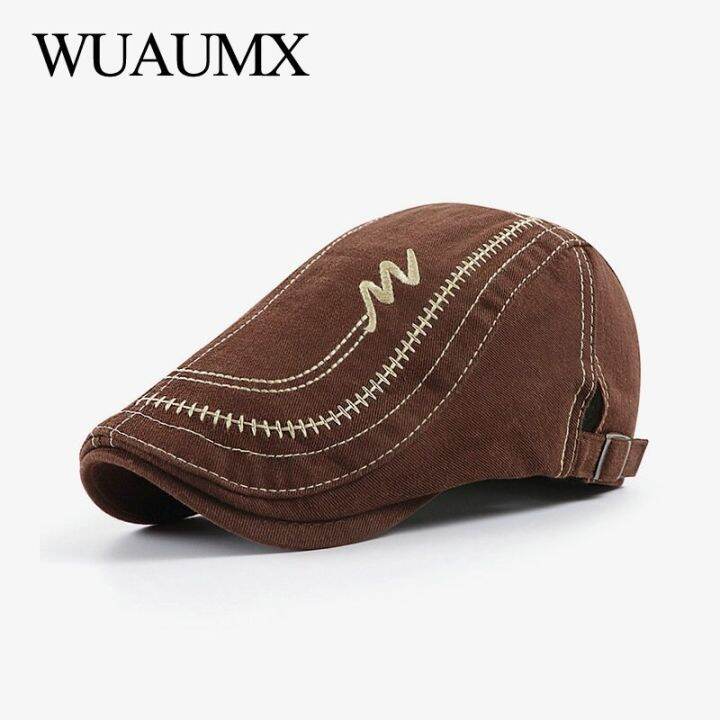 wuaumx-หมวกเบเร่ต์ลำลองใหม่สำหรับผู้ชายผู้หญิงผ้าฝ้ายฟอกสีหมวกเบเร่ต์หมวกทรงแบนเฮอร์โบน